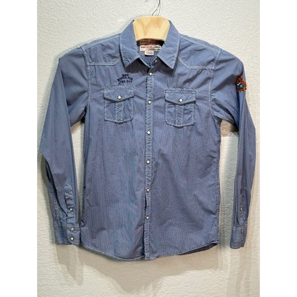 Scotch & Soda Mens Blue Gingham Western Pearl Snap Shirt Graphic Back Large